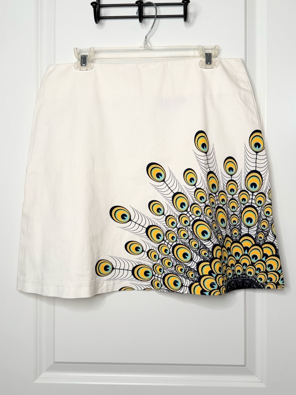 OK47 Peacock Feather Print Skirt Large Cream Yellow Teal Retro Statement